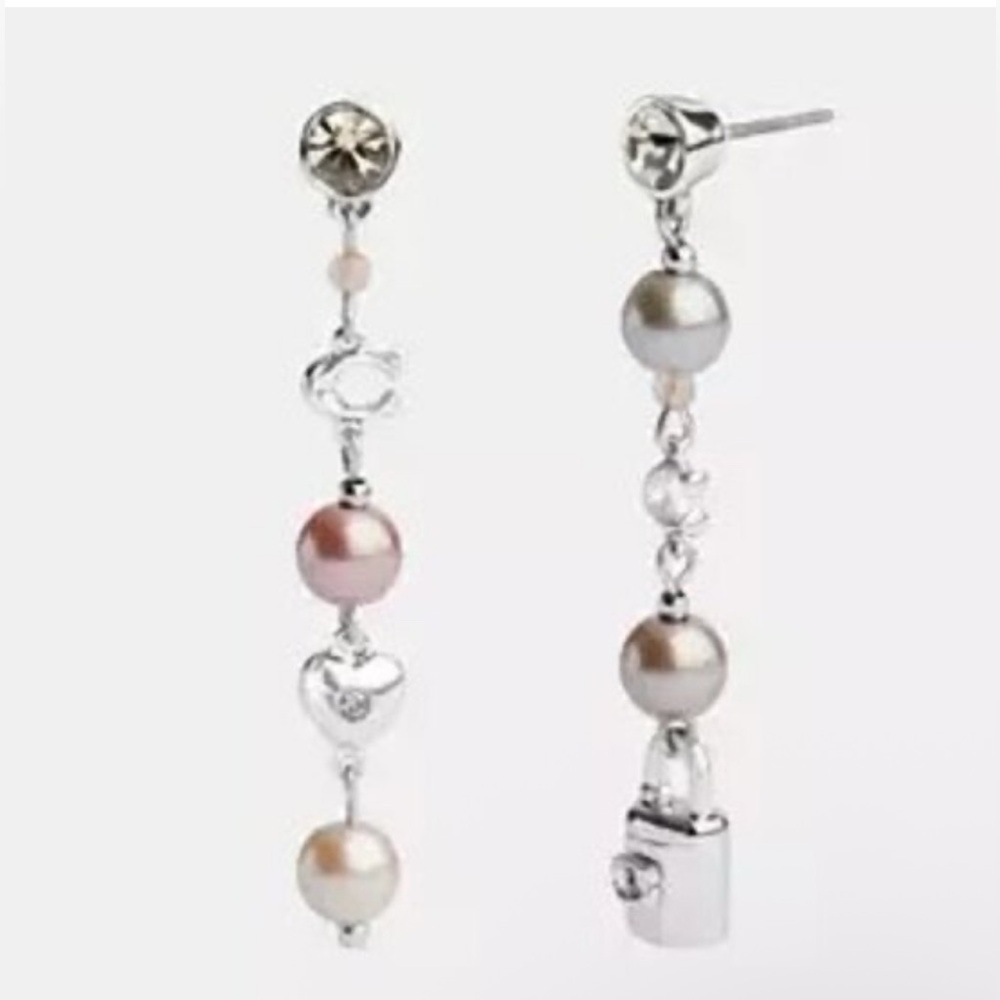 Coach Pearl And Padlock Mismatch Linear Earrings New . - Picture 5 of 6